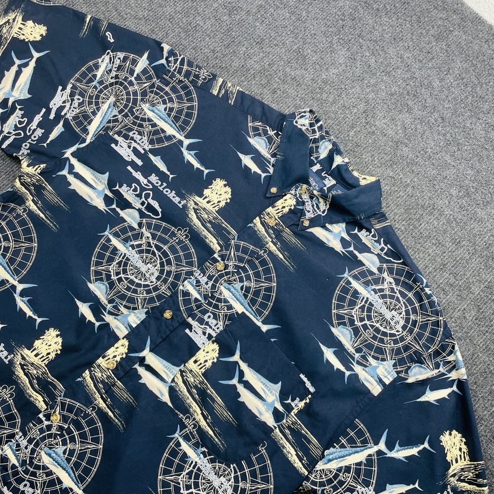 Puritan Mens Large Navy Blue Marlin Nautical Oahu Molokai Cotton Hawaiian Shirt